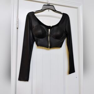 Alt.B Women's Stretchy Long Sleeve Zip Up Crop Top Black Sz-M